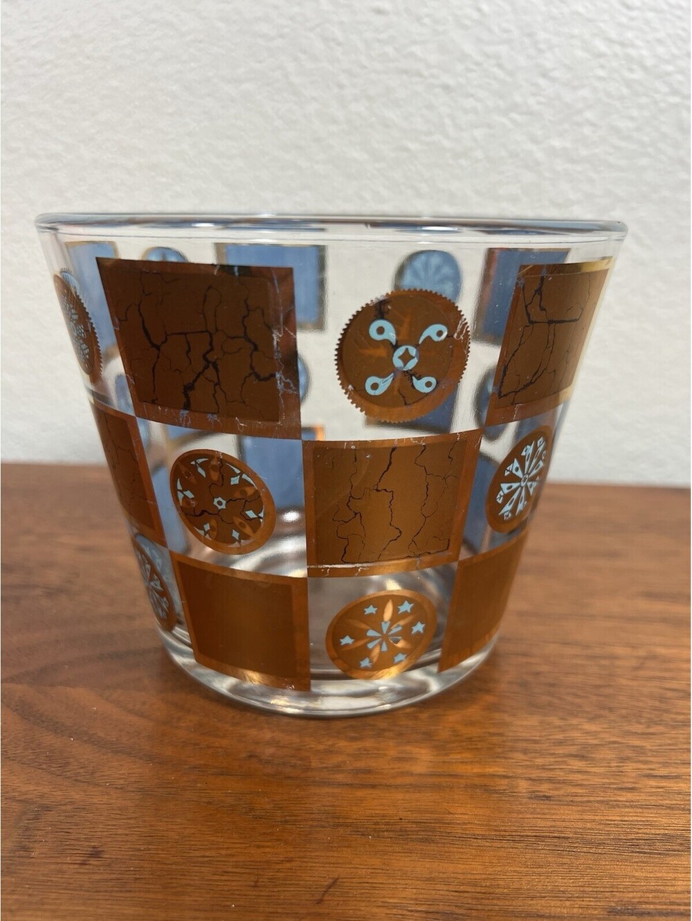 MCM Culver Carnival 22K Gold Glass Ice Bucket Vintage Mid Century Blue Barware